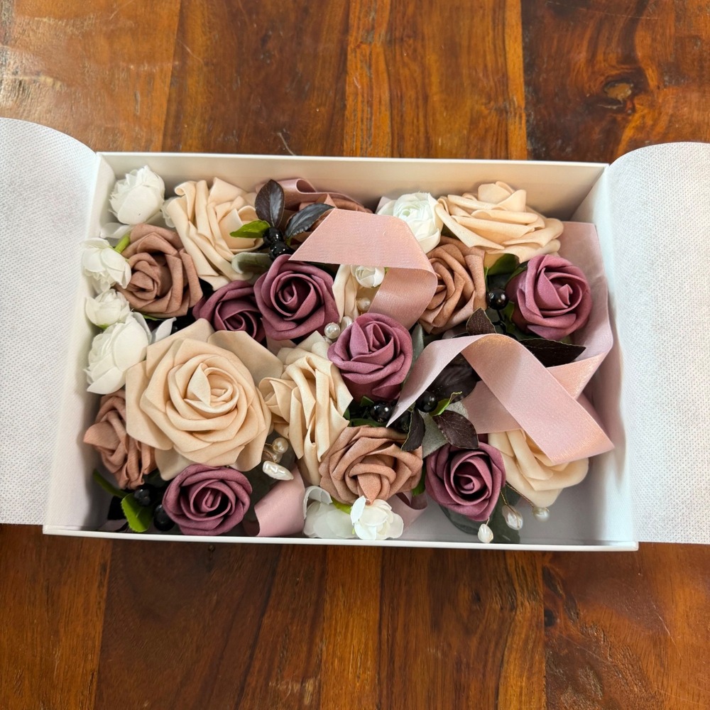 Lings Moment Set of 6 Wooden Flower Wrist Corsages Dusty Rose Mauve Wedding
